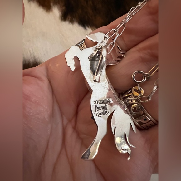 ❤️ Kingman Turquoise Decorative 925 Hand Stamped Statement Horse Pendant 2.22”L - Picture 10 of 15